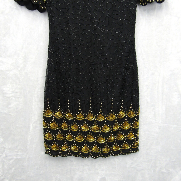 Laurence Kazar Black Gold Beaded Sequin Evening Dress Mini Short Sleeve Silk S - Picture 2 of 13